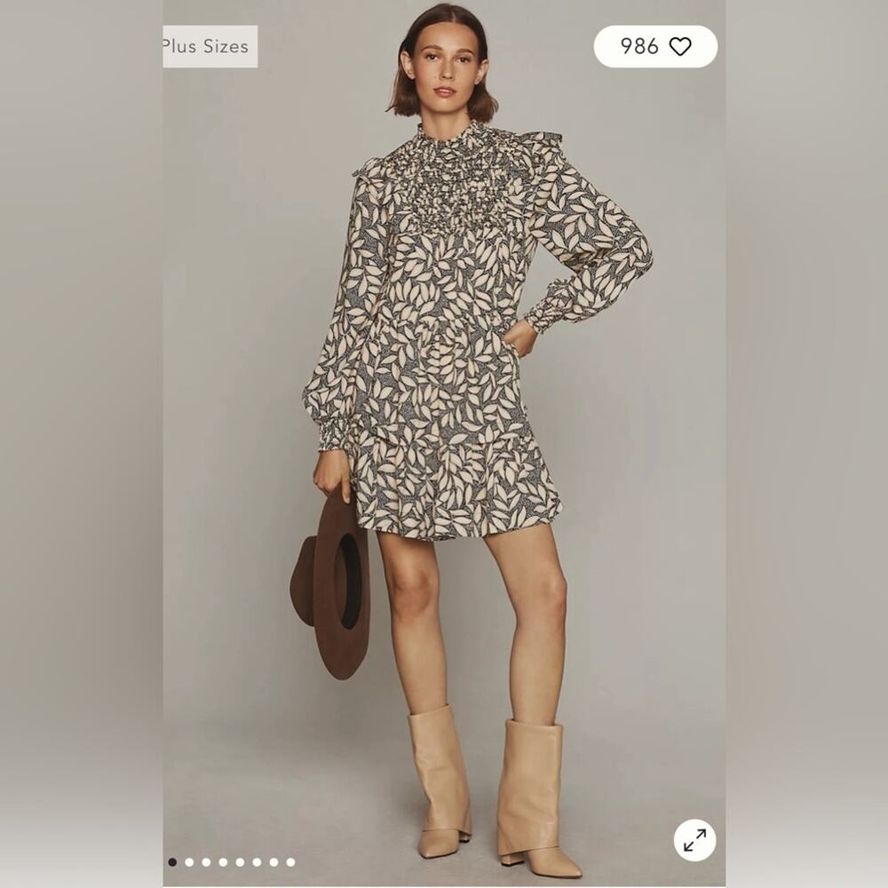NWT By Anthropologie Long-Sleeve Printed Smocked Mini Dress